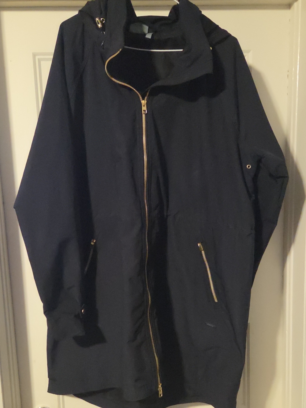 Athleta Navy Hooded Raincoat with Gold Zipper